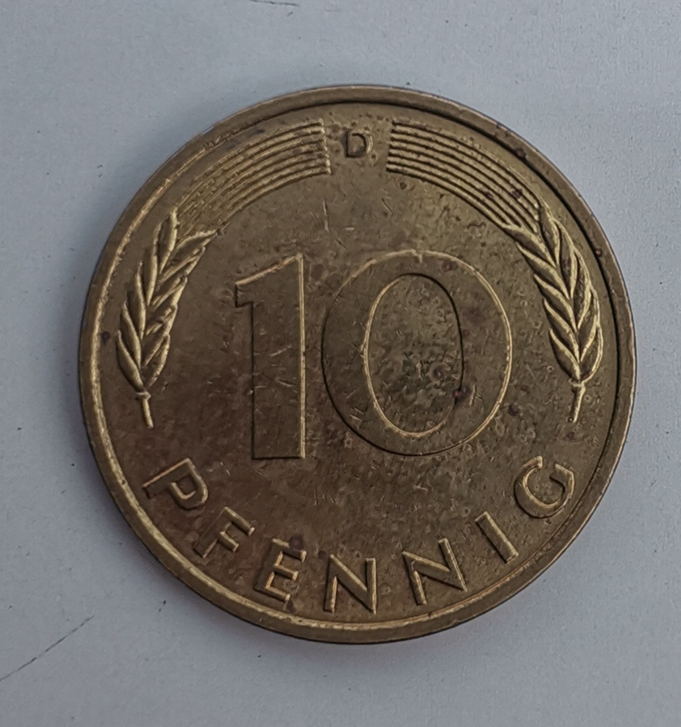 1974 German 10 Pfennig Bank deutscher Länder (D) (Germany, FRG) Coin For Sale.
