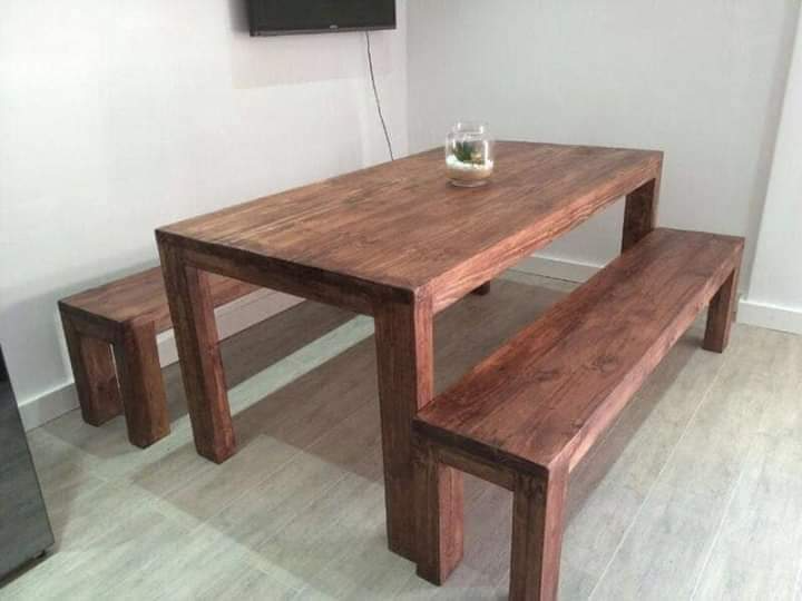 NEATLY CRAFTED PINEWOOD TABLES, BENCHES AND CHAIRS