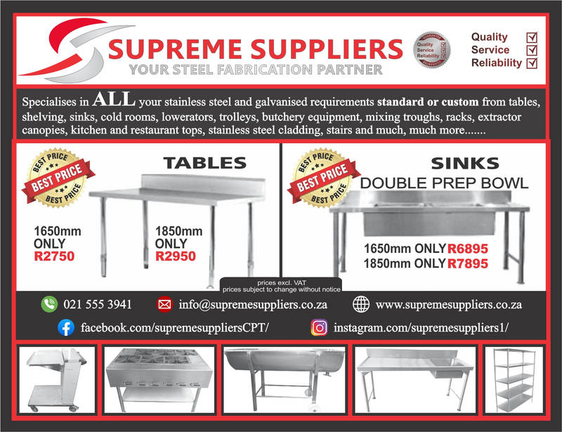 SUPREME SUPPLIERS MANUFACTURERS STAINLESS STEEL AND GALVANISED PRODUCTS -CATERING AND ALL INDUSTRIES