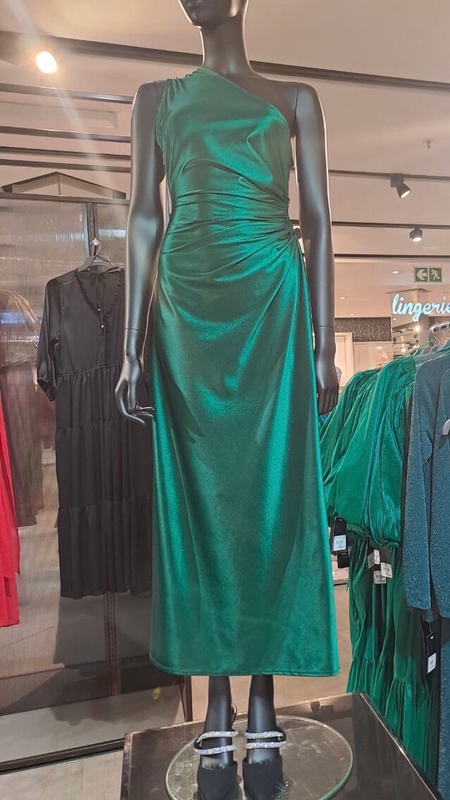 Emerald green one shoulder column dress