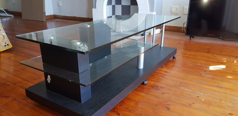 TV STAND solid black oak and glass and chrome