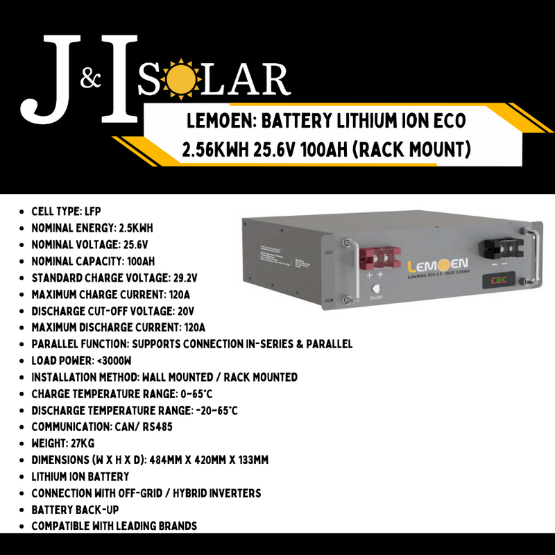 Lemoen:   Battery Lithium Ion ECO 2.56KWH 25.6V 100Ah (Rack Mount)