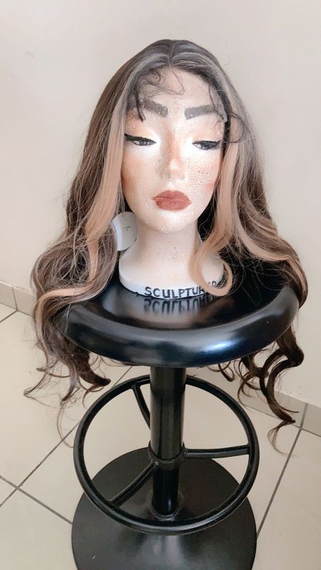 Long Dark Brown with blonde highlights Natural Wave Curl Synthetic Wig for sale