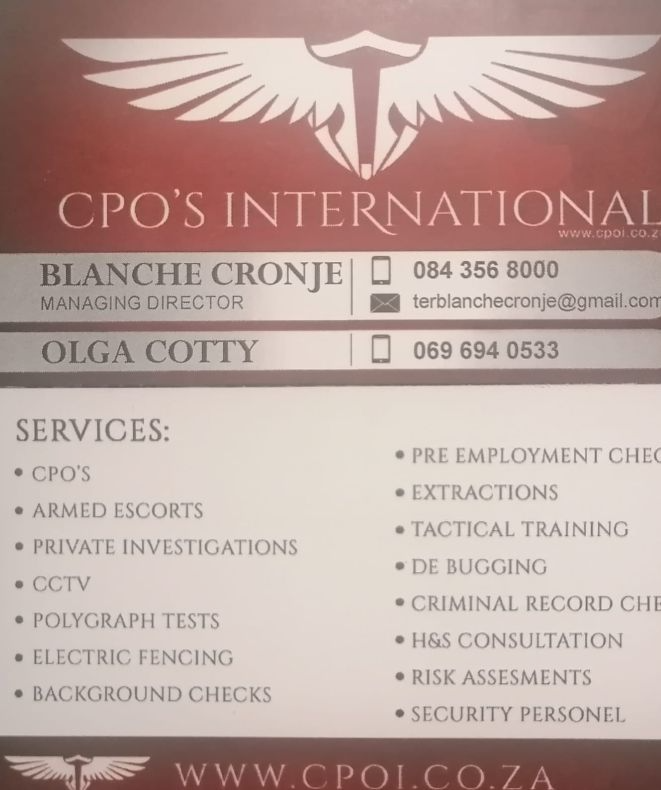 Blanche CronjeBodyguarding and private Investigations services