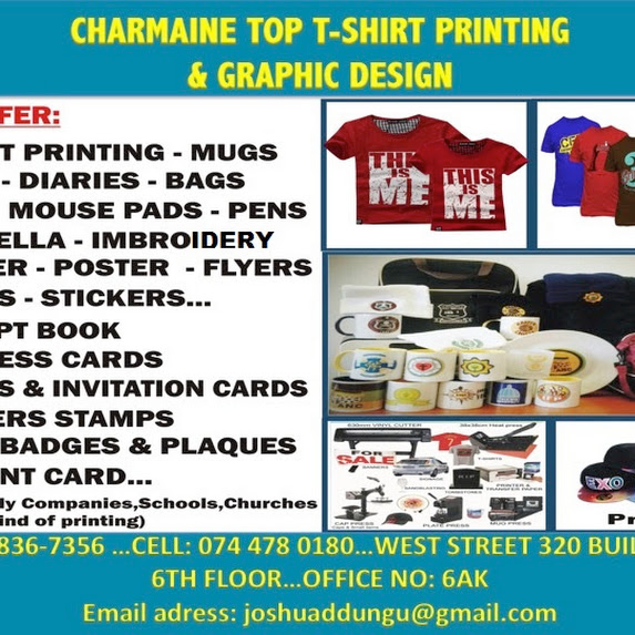 CHARMAINE T-SHIRT GOLF MUGS CAPS EMBROIDERY PRINT AT LOW PRICE FROM R 35 WTSP CELL&#43;27764130080