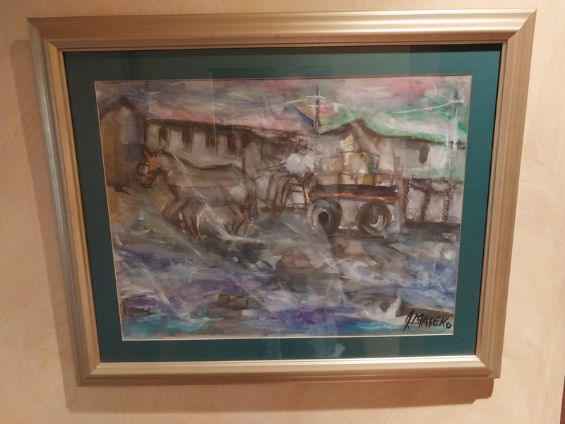 Painting, signed, late Joe Maseko, donkey cart, 580x440mm excluding frame and surround, township art