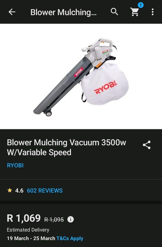 Ryobi 3500W blower, mulcher, vacuum