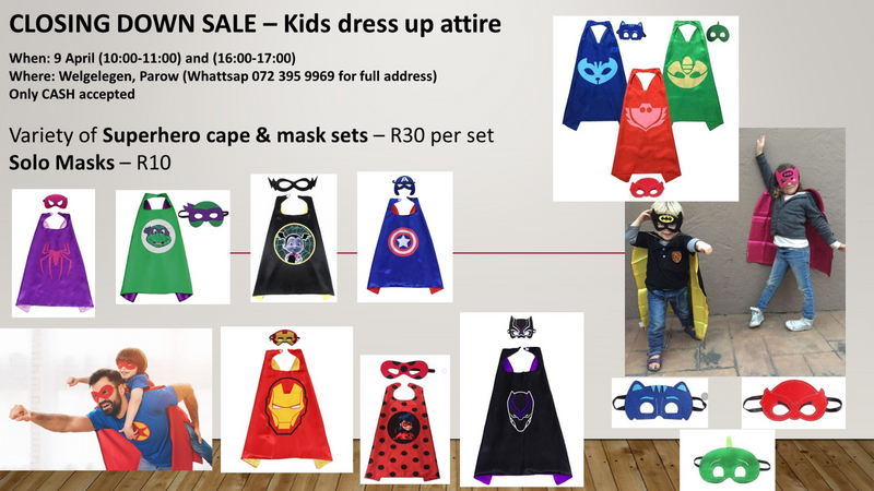 Closing down sale - today - kids dress up attire (capes, masks, silicone armbands...