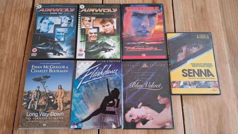 DVDs: Airwolf, seasons 1 and 2, Days of Thunder, Senna, Long Way Down, Flashdance, Blue Velvet.