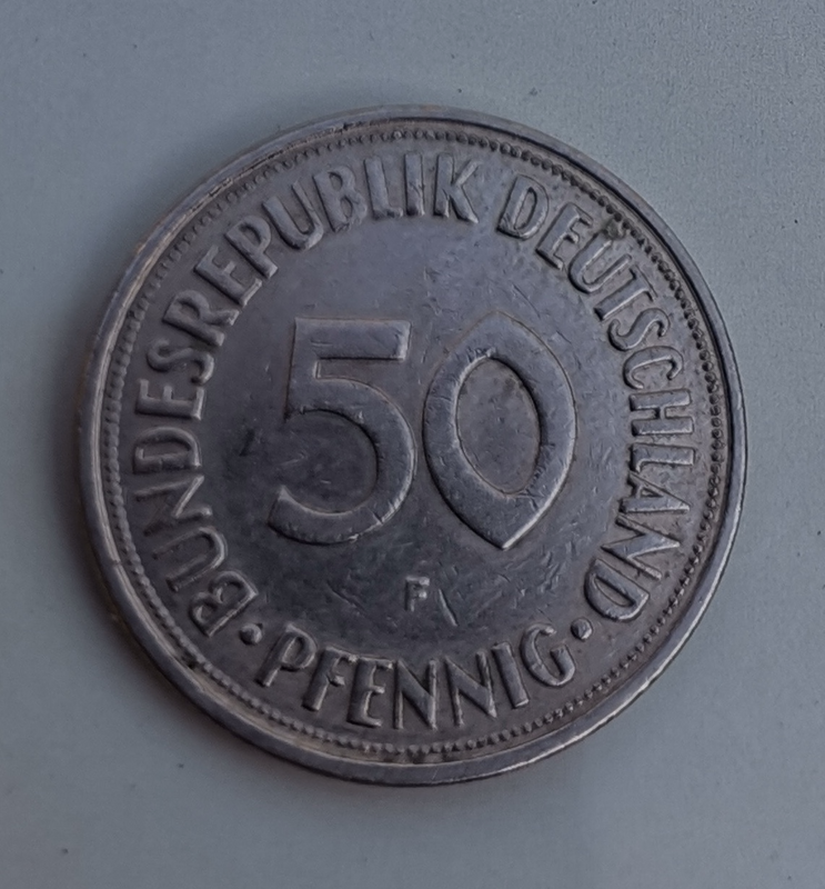 1971 German Bundesrepublik Deutschland 50 Pfennig (F) Coin For Sale