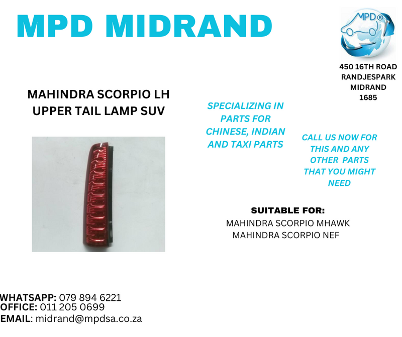 Mahindra Scorpio NEF &amp; MHAWK - LH Upper Tail Lamp SUV
