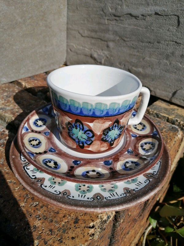 Handmade Cup, Saucer, Tea Plate Trio OJ Potteries