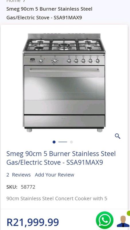 Smeg 90cm 5 burner stainless steel gas electric stove s s a91 m a x9