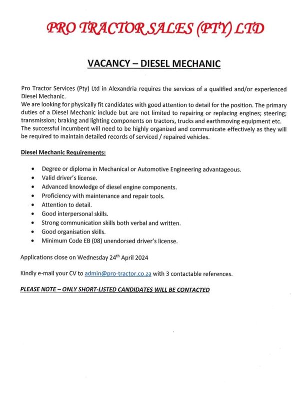 Diesel Mechanic Vacancy