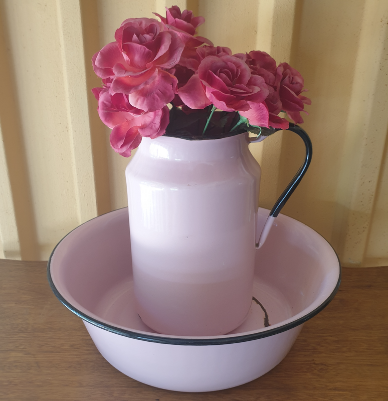 Vintage Pink Enamel Jug and Wash Basin