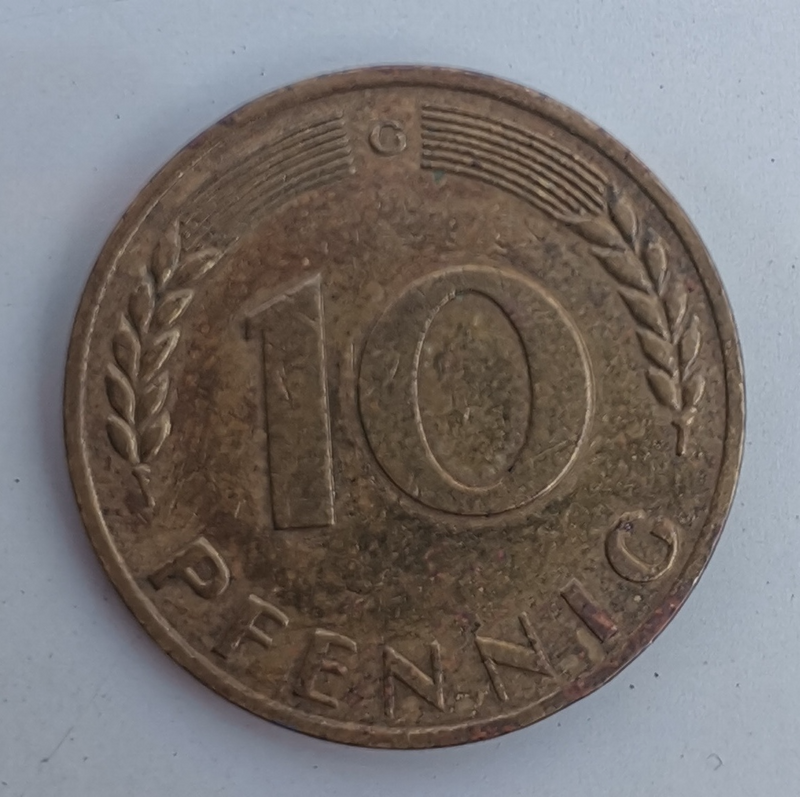 1968 German 10 Pfennig Bank deutscher Länder (G) (Germany, FRG) Coin For Sale