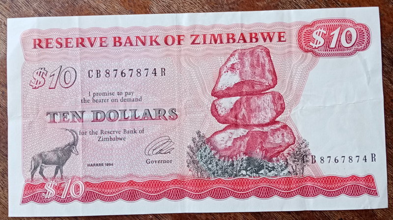 1994 Zimbabwe $10 note in XF (Chiremba Rocks)