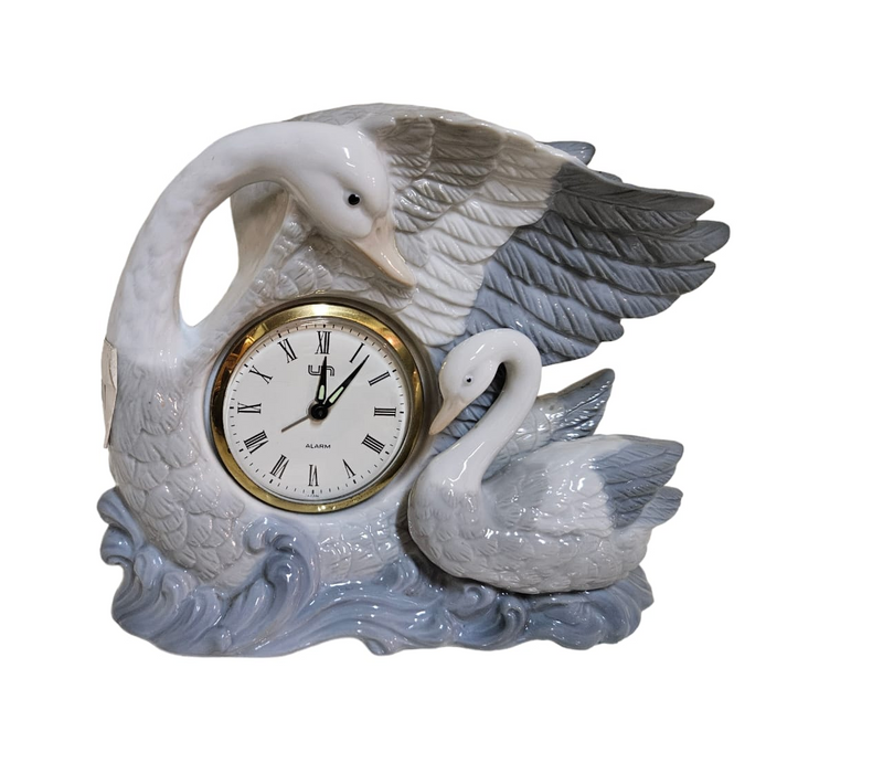 Vintage Porcelain Swan And Cygnet Figurine Clock,