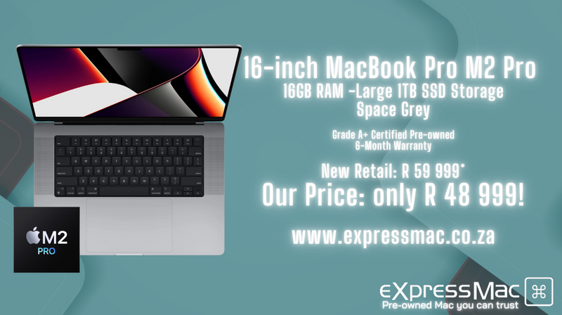 MacBook Pro 16-inch M2 Pro 12-Core CPU, 19-Core GPU–16GB RAM-1TB (2023)6-Month Warranty. DBV