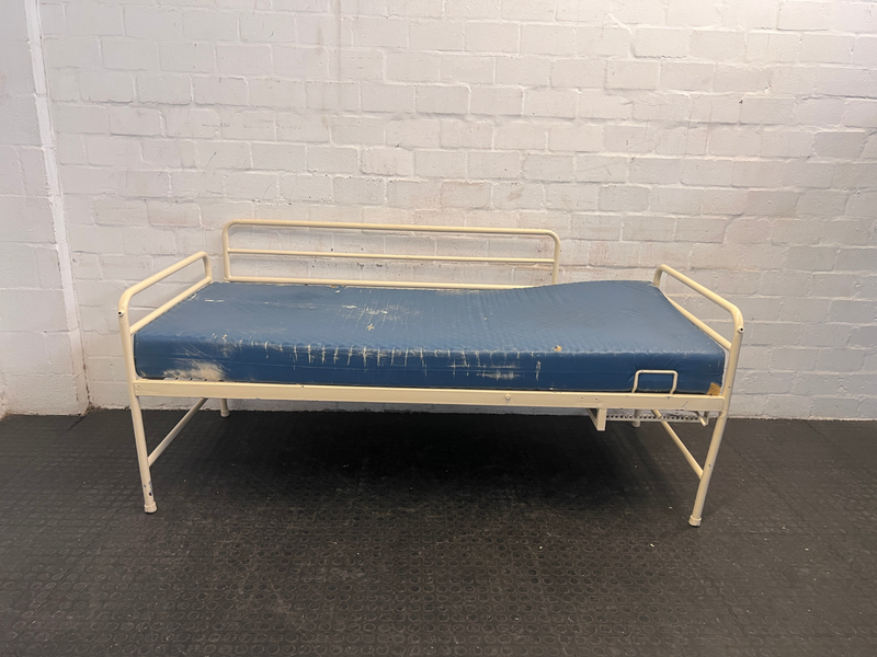 Adjustable Hospital Single Bed with Blue Mattress and Cot Sides (Torn/Stained)- A48337