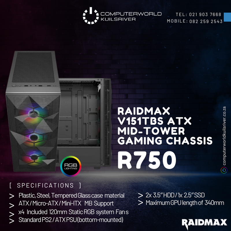 NEW RAIDMAX V151TBS ATX RGB GAMING CASE FOR R750