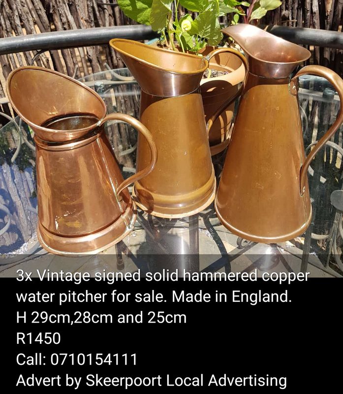 3x Vintage signed solid hammered copper water pitchers made in England for sale