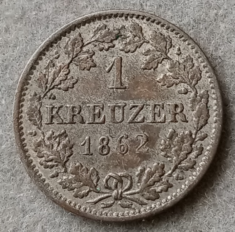 1862 German States- Hesse Darmstadt silver 1 Kreuzer