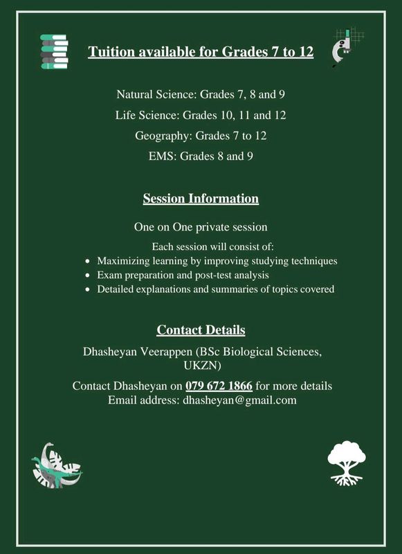 Tuition available from Grades 8 to Matric