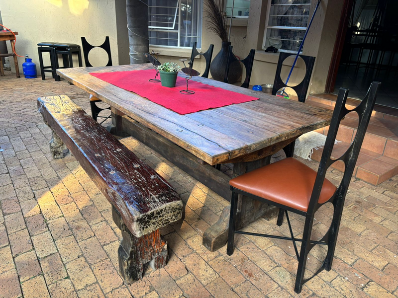 Sleeper wood table with bench and 5 x chairs