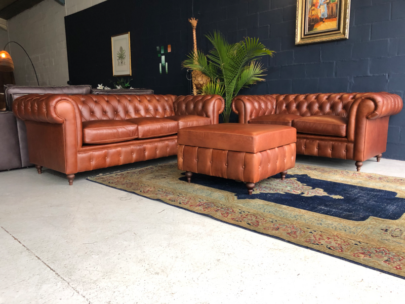Brand new 3pc VINTAGE genuine leather Chesterfield lounge suite.  (2 &amp; 3 SEATER plus OTTOMAN)