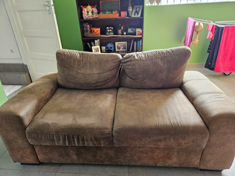 Two Seater Brown Faux Suede Couch for sale