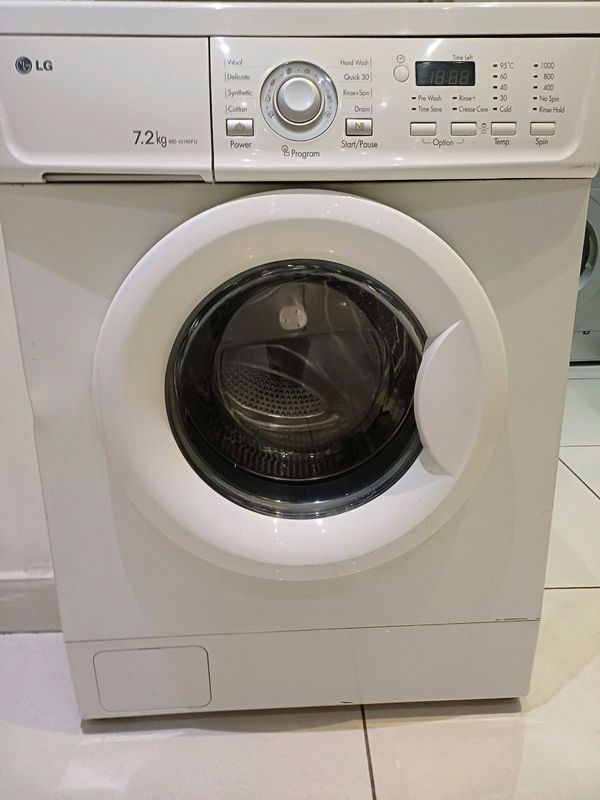A white LG 7.2kg washing machine is for sale in Sandton, 0848 120008.
