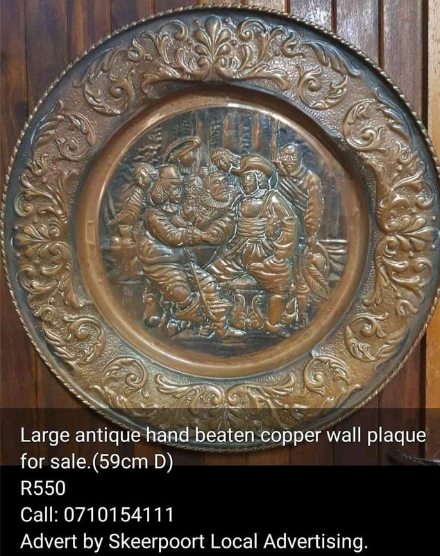 Large antique hand beaten copper wall plaque for sale