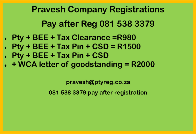 Durban Company Registrations R980 pty tax pin bee pay after reg Pravesh 081 538 3379