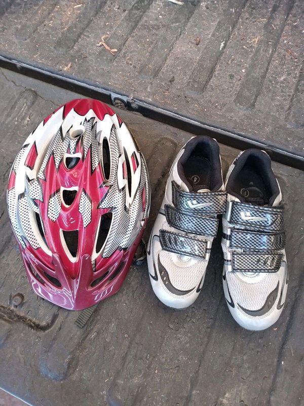 Cycling helmet and shoes with cleats