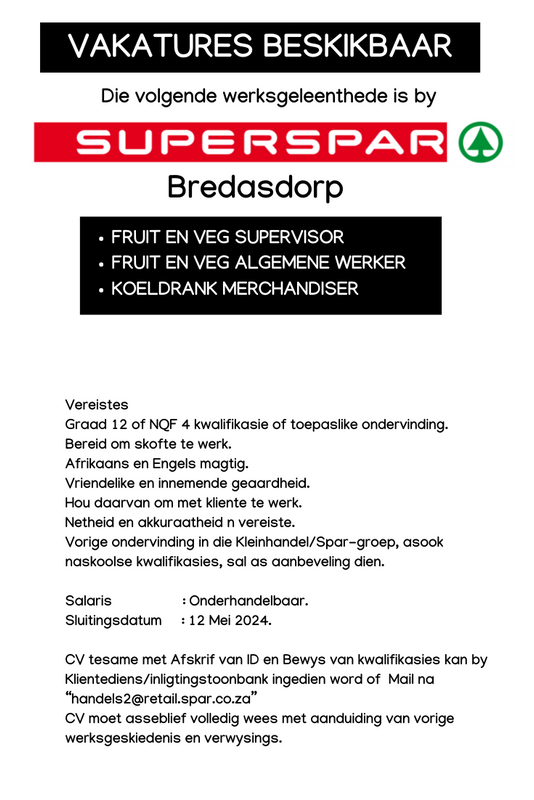 Vacancy at Bredasdorp SUPERSPAR