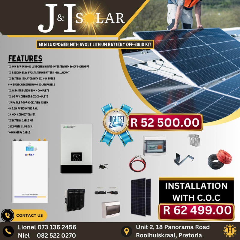 6KW LUXPOWER WITH SVOLT LITHIUM BATTERY OFF-GRID KIT incl INSTALLATION AND C.0.C