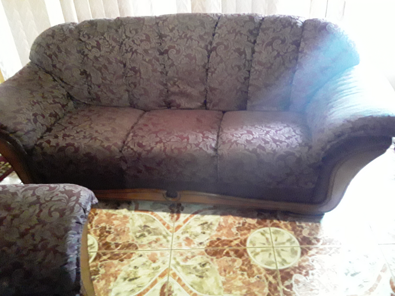 Lounge suite - 3 piece, 6 seater, coffee table, high chair and wooden cot