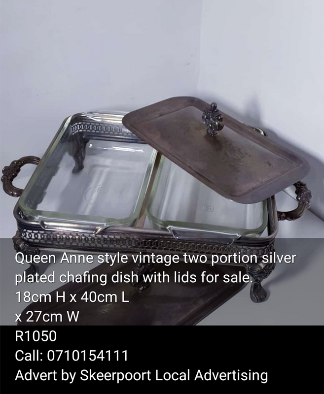 Queen Anne style vintage two portion silver plated chafing dish for sale