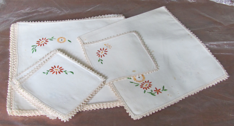 1920&#39;s Set of 8 Handmade Embroidered Table Cloths - Place Mats, Coasters and Runner