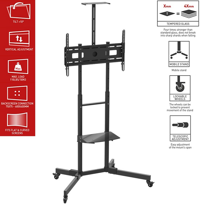 Mobile TV Trolley Tilt, Vertical Adjustment Stand Cart With Wheels And Shelves. Brand New Products.