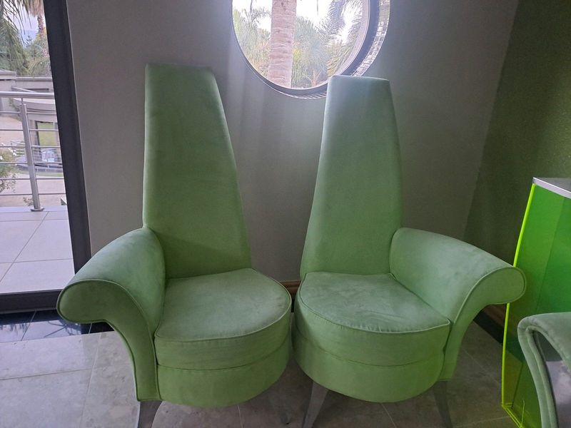 Chaise Lounges x 2 and high green chairs grreen suede