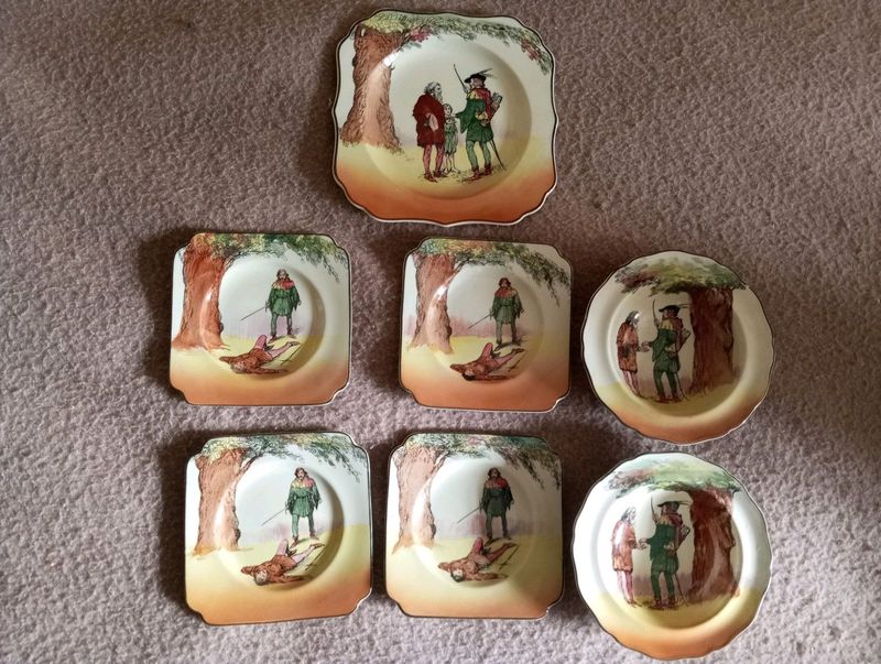 Royal Doulton set of 7 plates, Robin Hood theme, The friend of the poor, under the greenwood tree