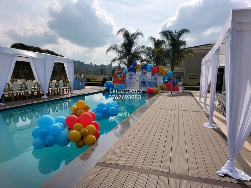 Birthday party, Baby shower, wedding decor, catering, stretch tent, Balloon garland and Rentals