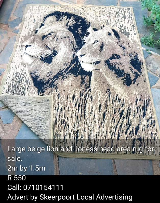 Large beige lion and lioness head area rug for sale