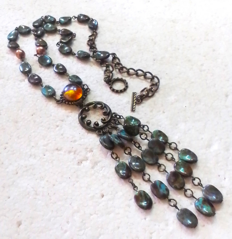 Green / Turquiose Blue Mottled Handmade Glass Bead Bohemian Style Necklace