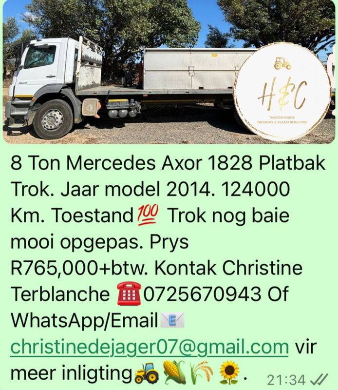 8 Ton Mercedes Axor 1828 Platbak Trok