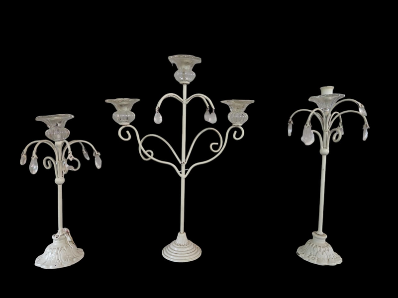 Set of Three Metal Candle Holders with glass tops.