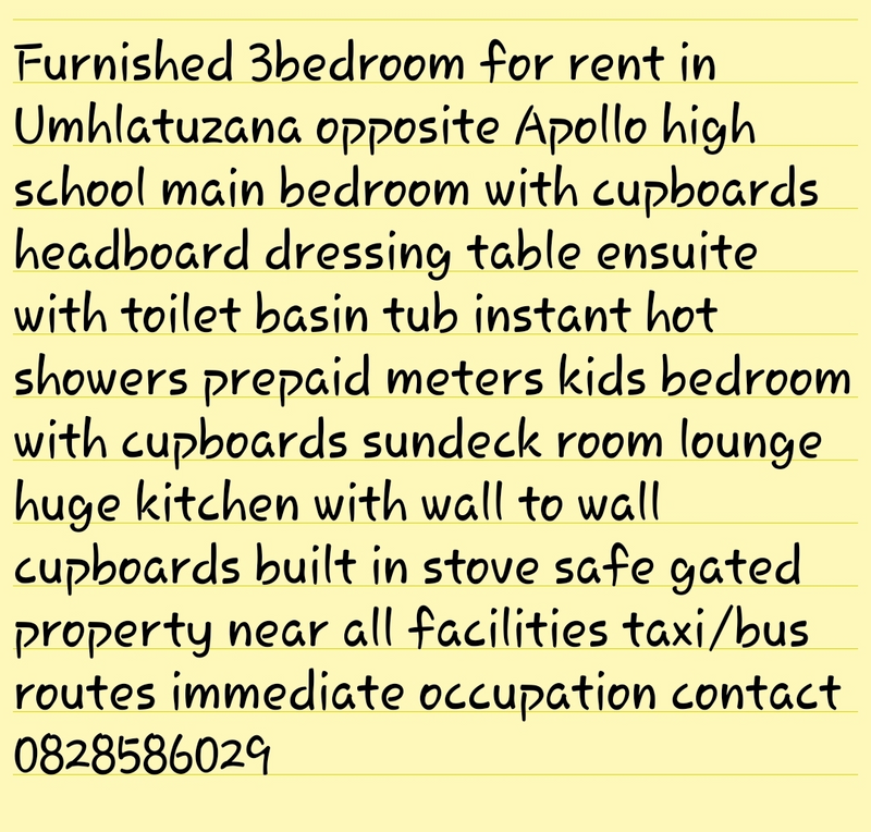 3 bedroom for rent in Umhlatuzana