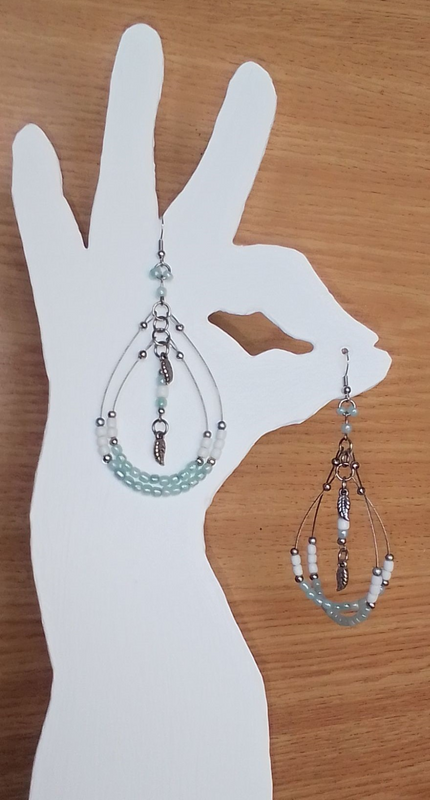 Aqua and White Beaded Dangle Earrings